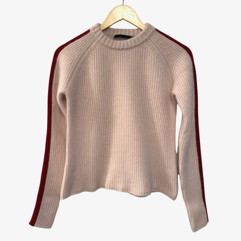 Jenni Kayne XS Iconic 100% Cashmere Fisherman Sweater $425 Light Pink Red Stripe - Picture 2 of 8